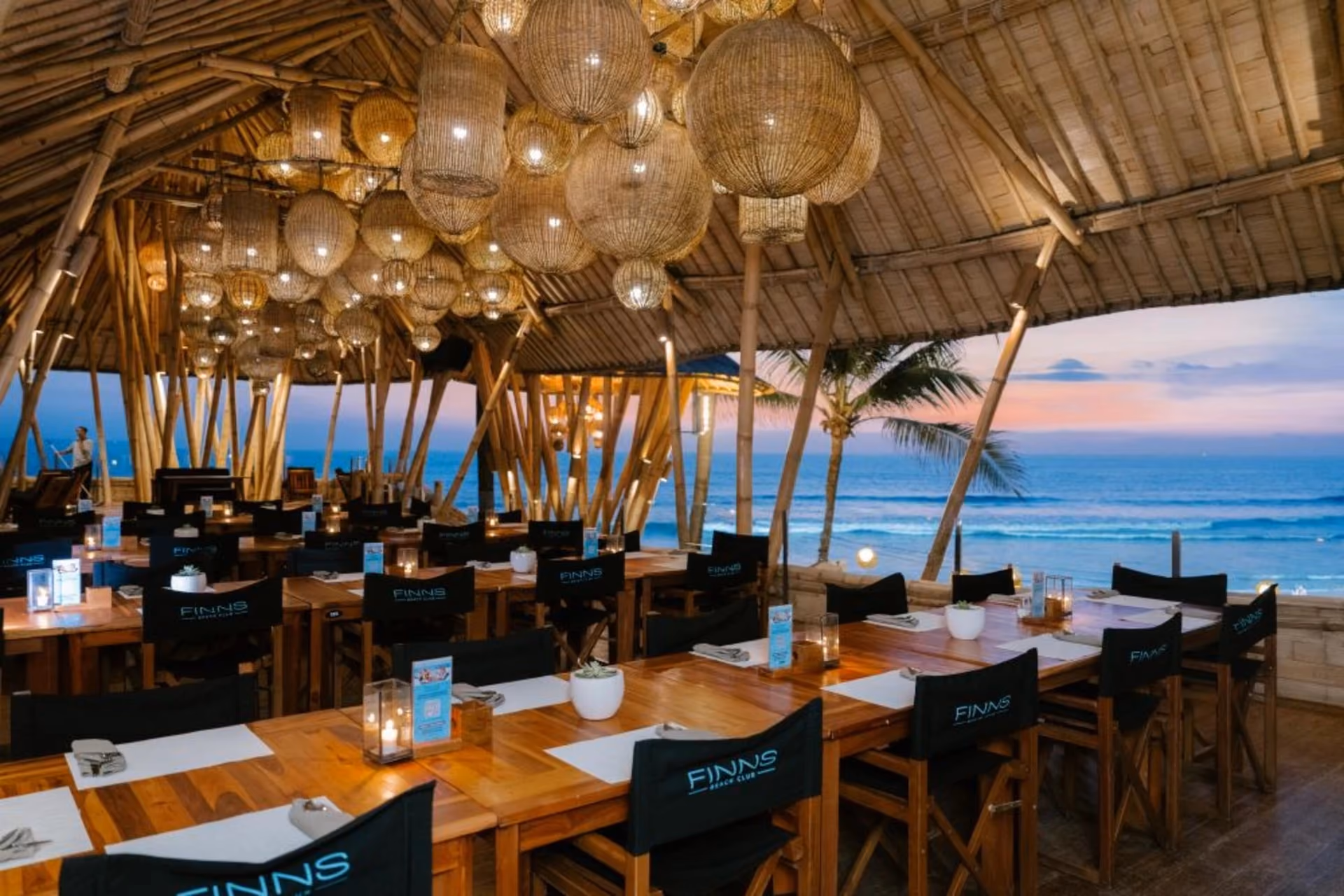 The soaring bamboo structure at Finns Bali