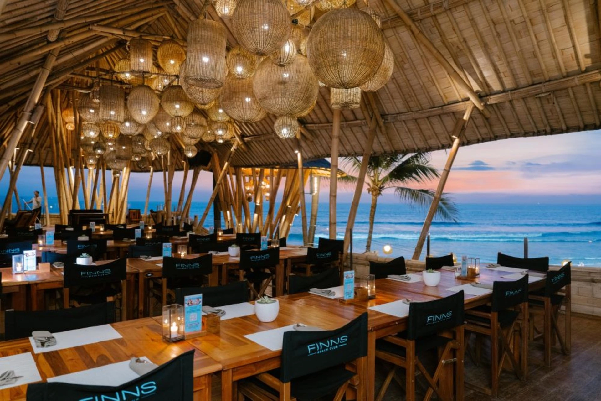 The soaring bamboo structure at Finns Bali