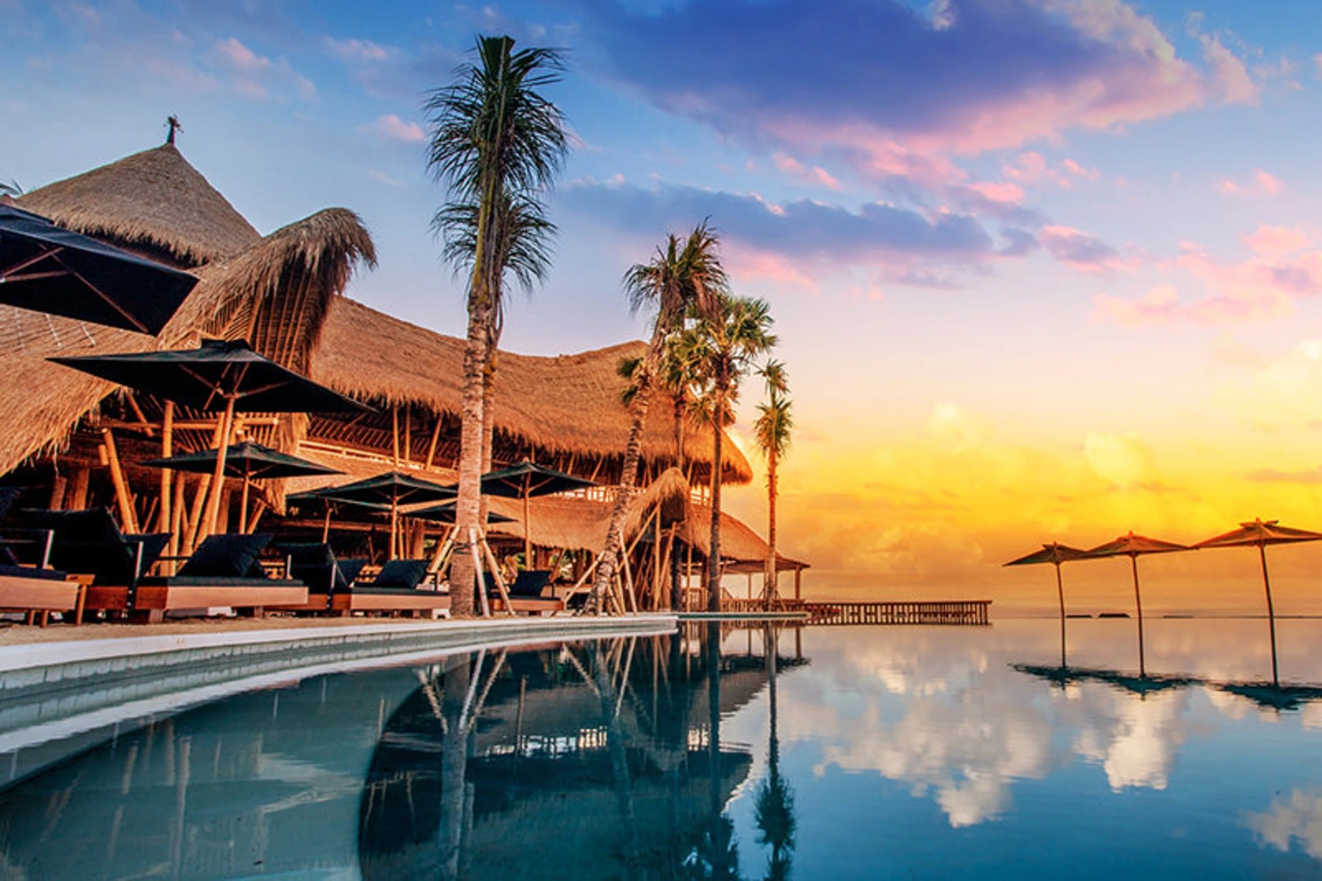 The modern, open-air bamboo structure at Finns Beach Club 