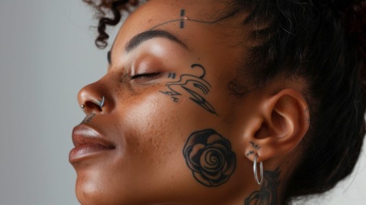 Girl with facial tattoos before Tattoo Removal for Dark Skin treatment