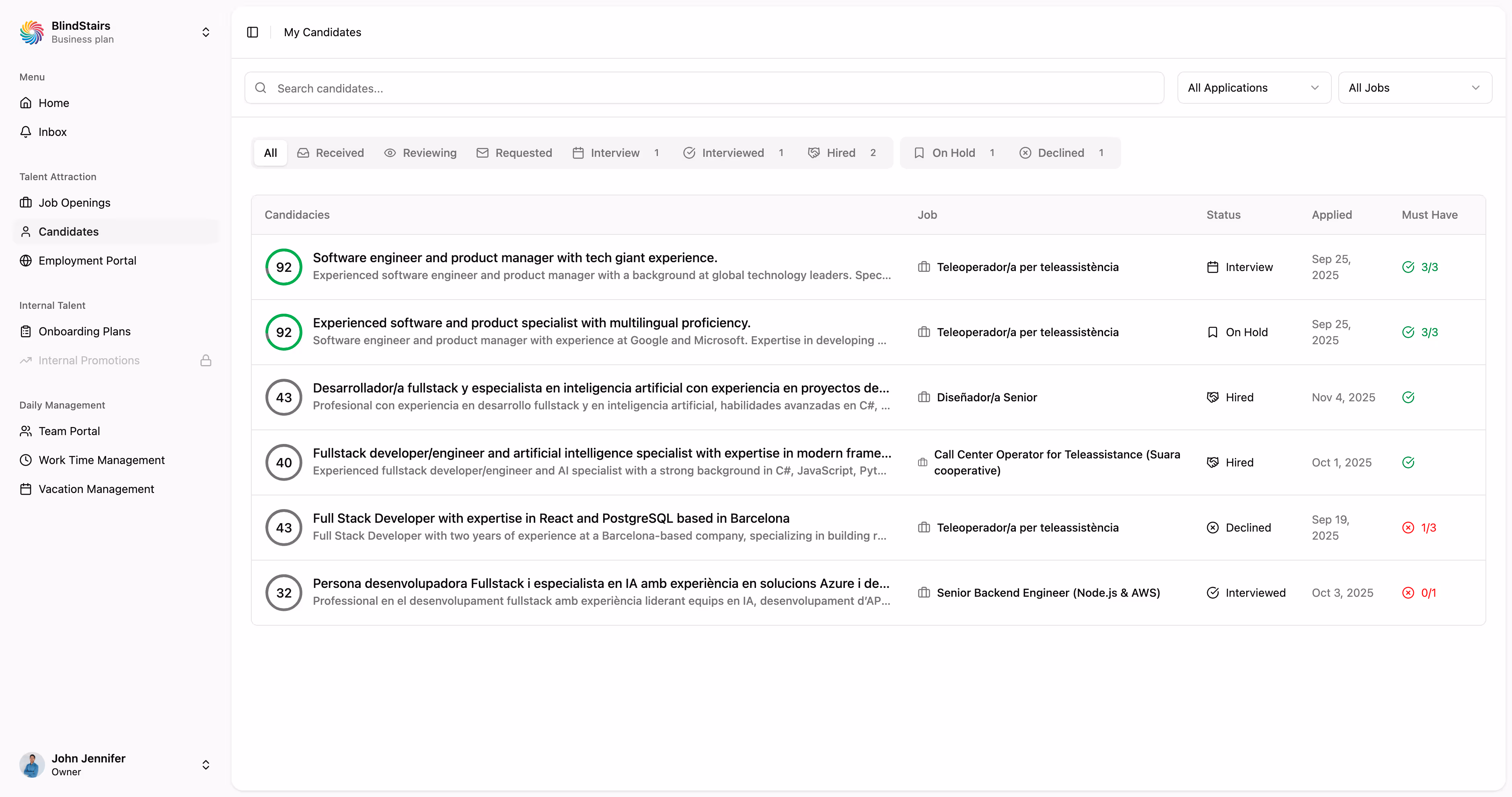 Dashboard of BlindStairs candidates showing search bar, filters, and list of six candidates with scores, job titles, application statuses, and dates.