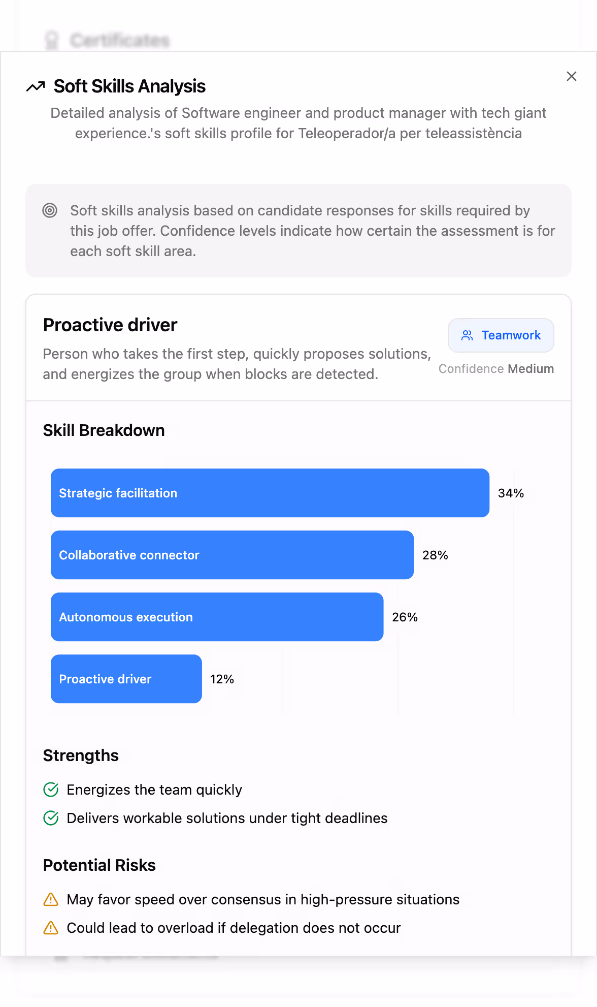 Soft skills analysis report for a proactive driver in teamwork, showing skill breakdown percentages and listing strengths and potential risks.