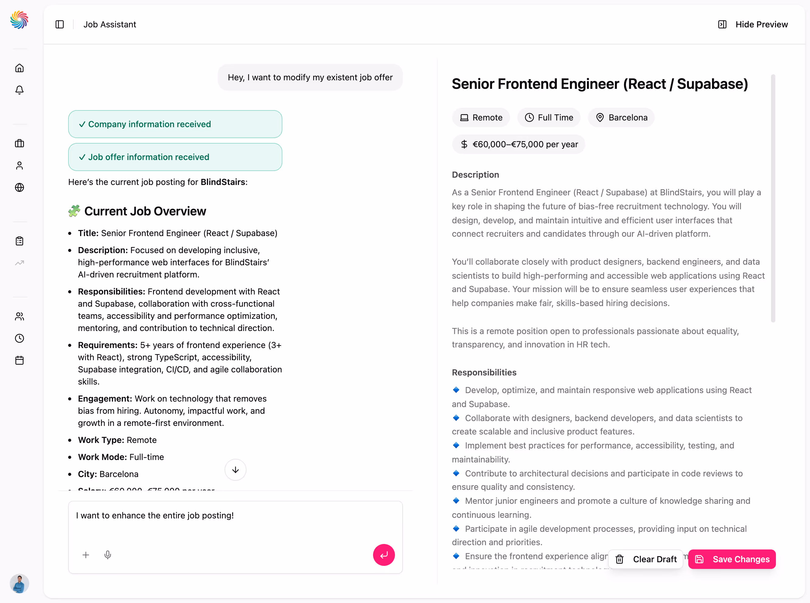 Screenshot of a job assistant app showing a Senior Frontend Engineer job offer for BlindStairs with job overview and detailed description, responsibilities, and salary in Barcelona, with options to modify and save the posting.