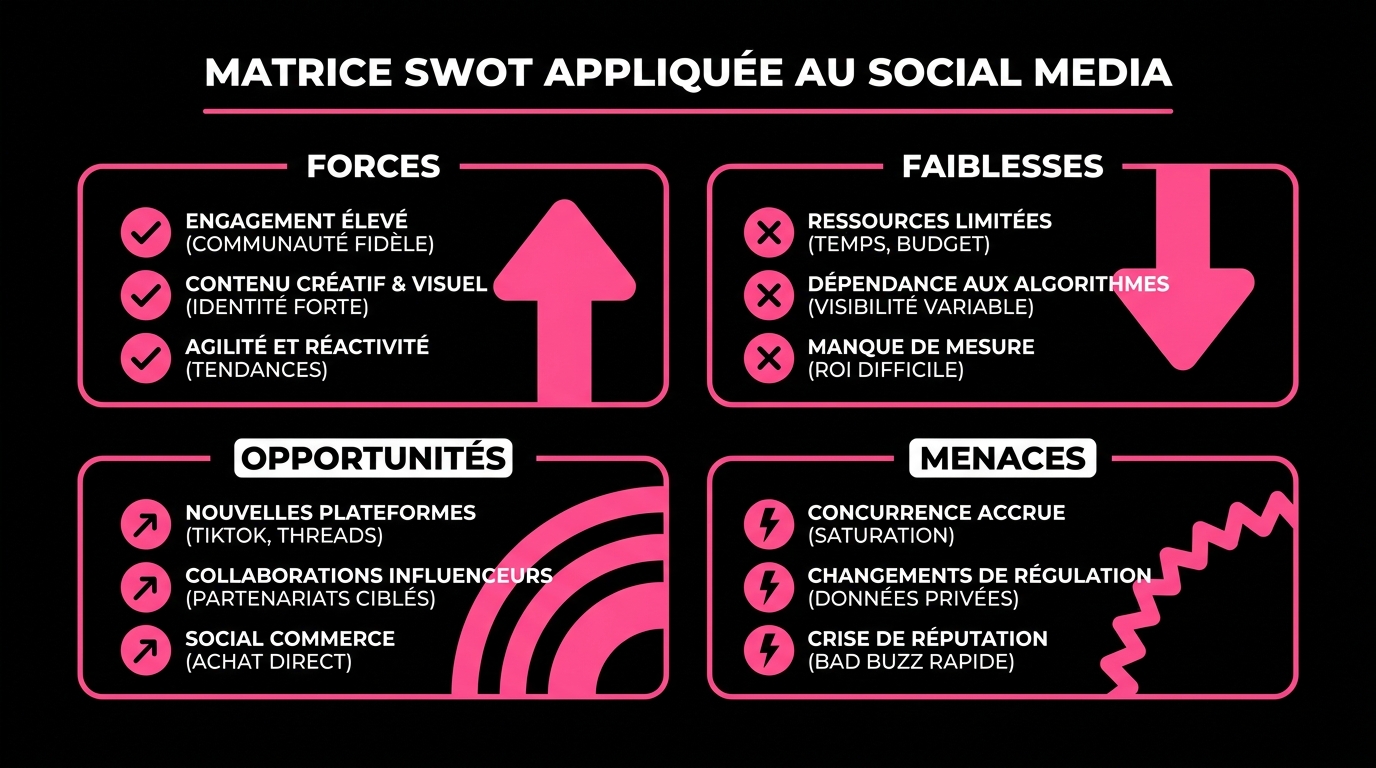 Matrice SWOT appliquée au Social Media (Forces, Faiblesses, Opportunités, Menaces)