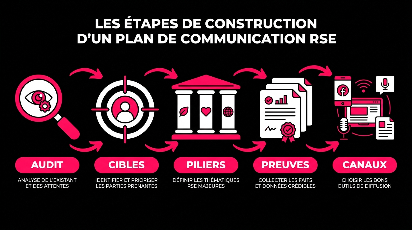 Les étapes de construction d'un plan de communication RSE (Audit, Cibles, Piliers, Preuves, Canaux)