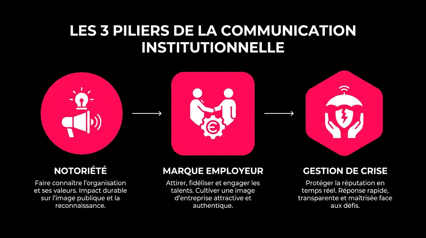 Les 3 piliers de la communication institutionnelle (Notoriété, Marque Employeur, Gestion de Crise)
