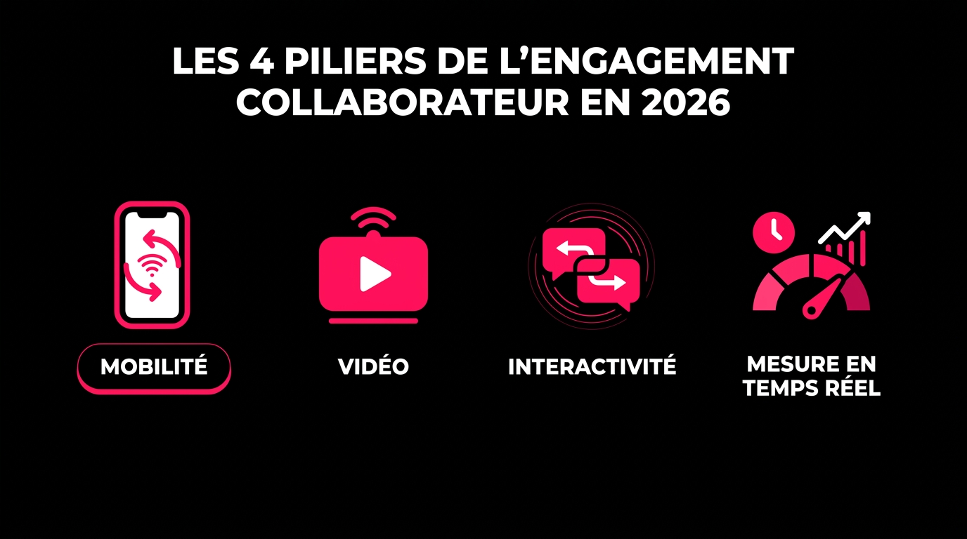 Les 4 piliers de l'engagement collaborateur en 2026 (Mobilité, Vidéo, Interactivité, Mesure en temps réel)