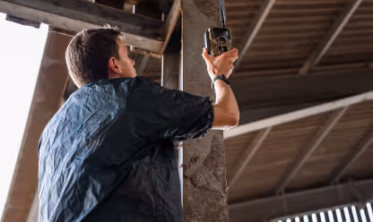 Man in a dark shirt installing or adjusting a device on a concrete pillar inside a barn or industrial structure.
