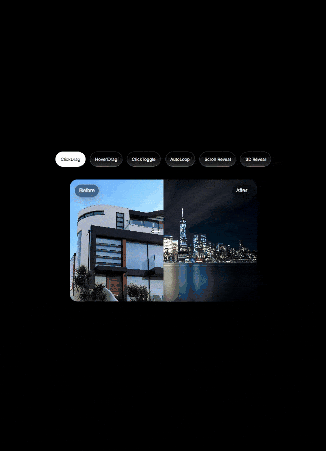 Interactive comparison slider showing a before daytime view of a modern building and after nighttime view of a city skyline with skyscrapers and lights.