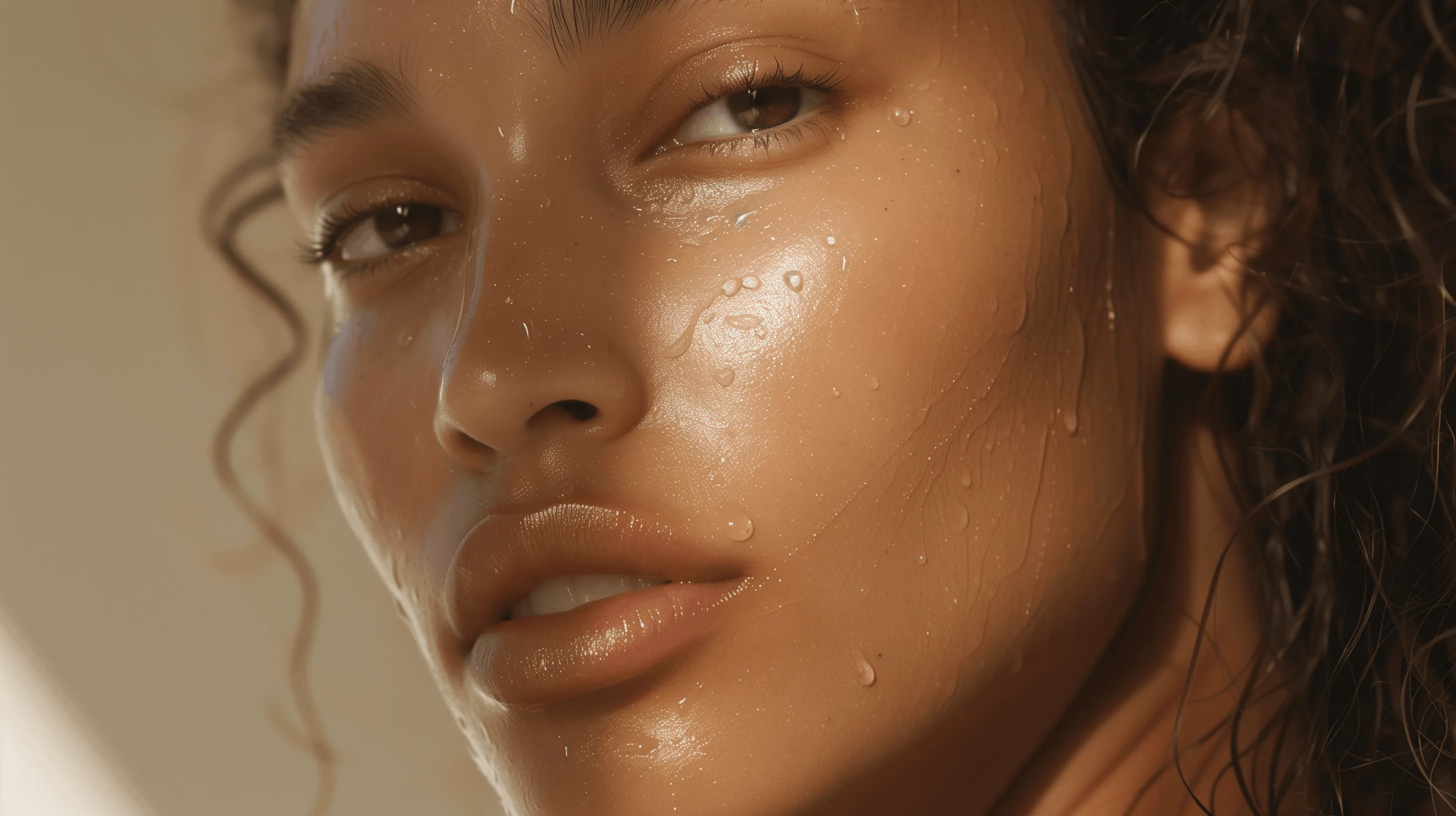 Close-up of a woman's face with water droplets on her smooth skin and wet curly hair.