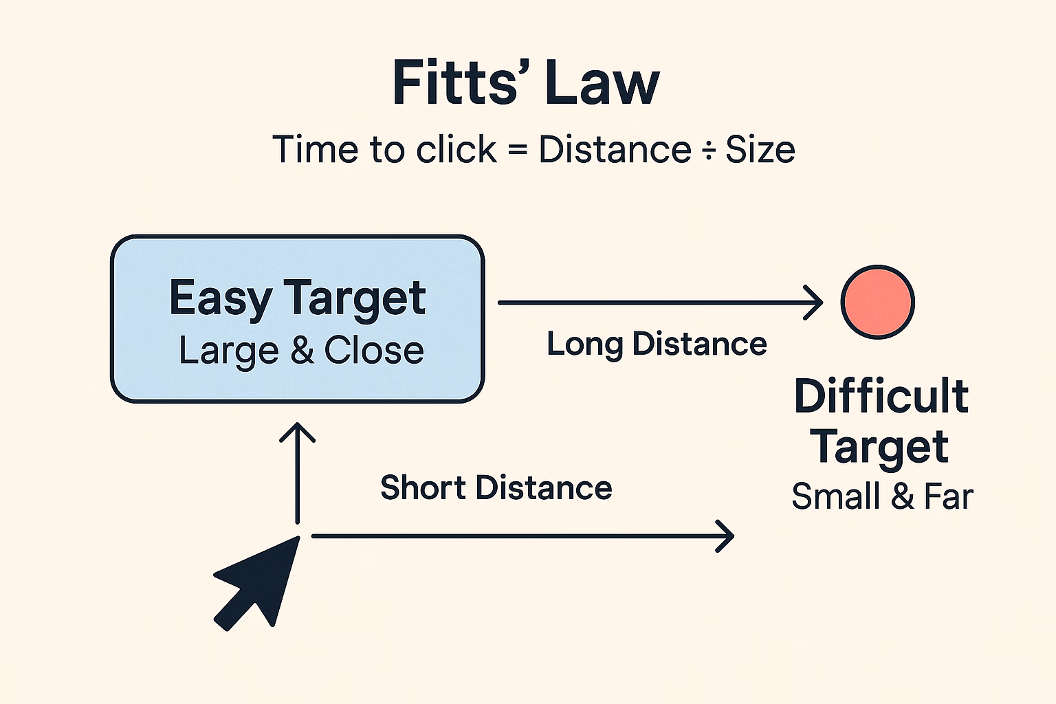 Fitts' Law diagram showing cursor distance and target size relationship in UX design with large close target versus small distant target