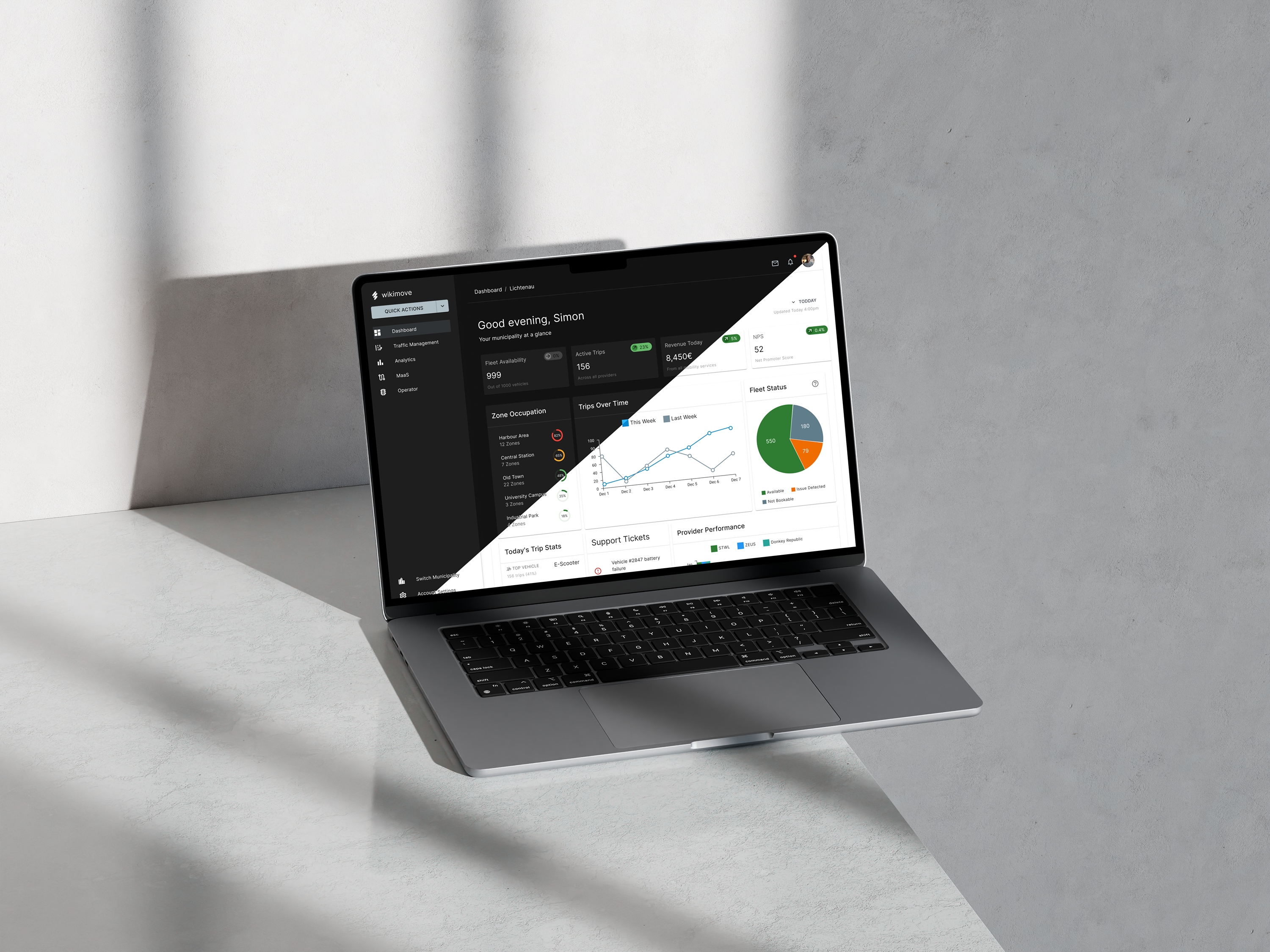 Custom SaaS dashboard design for wikimove mobility manager on MacBook Pro displaying MUI-based interface with navigation sidebar, KPI metrics, trip analytics, and fleet monitoring widgets in responsive layout