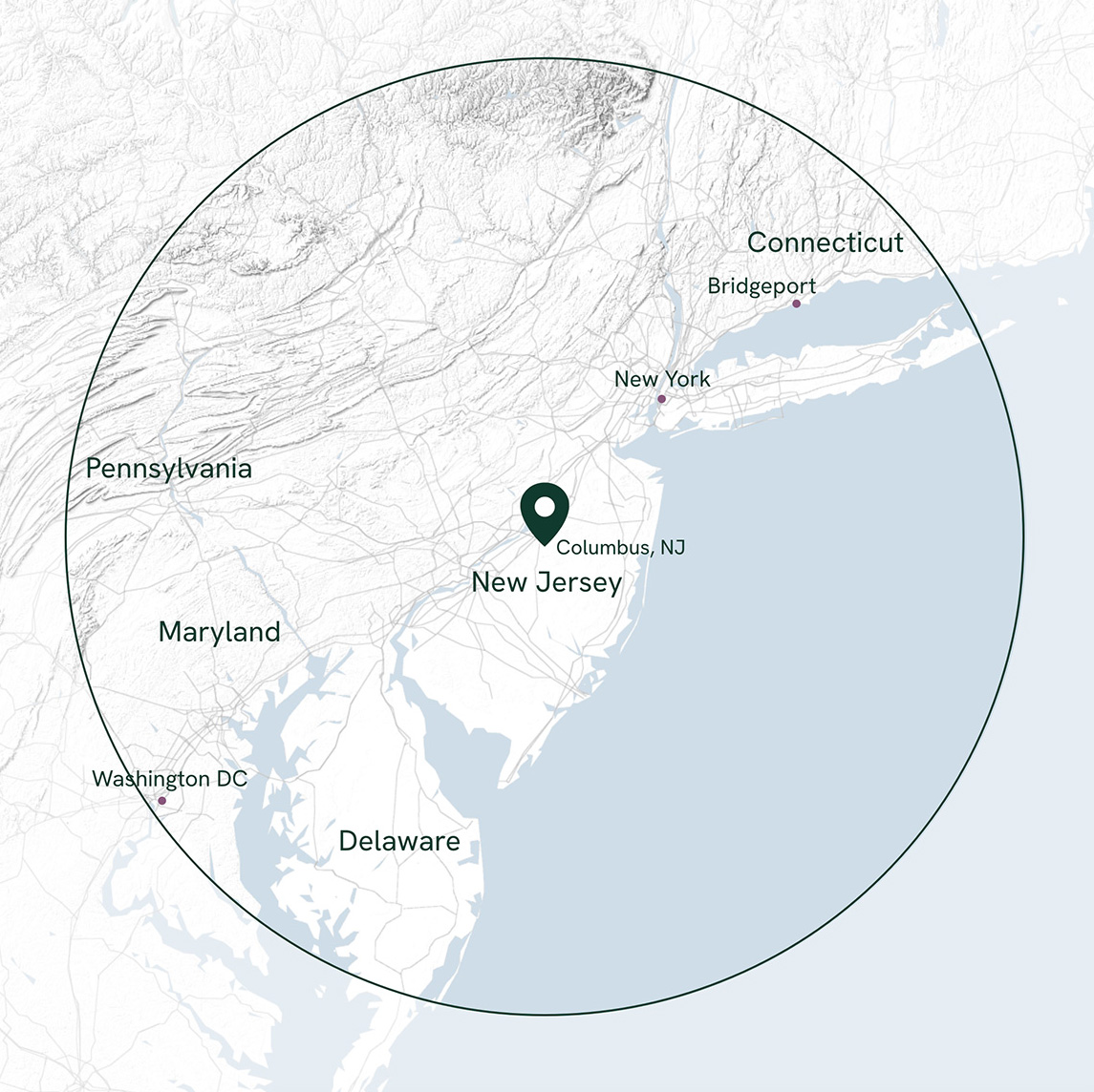 Coverage map showing service area as a circle with a 150-mile radius from Columbus, NJ. 