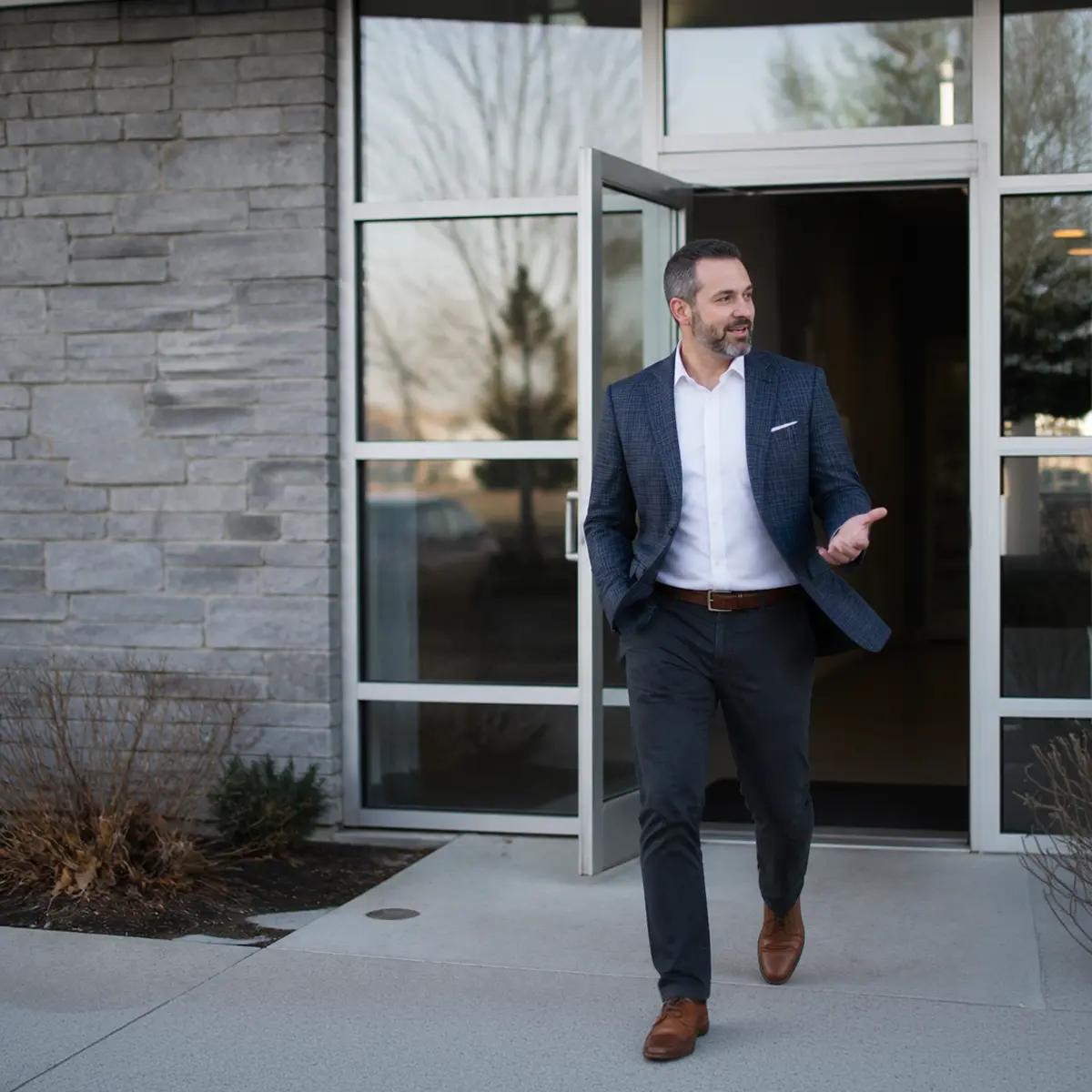 Man in blazer walking out of glass door building, gesturing with his hand, smiling and looking right.
