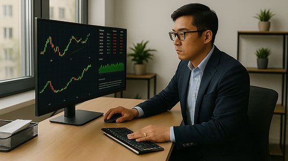 Man in glasses and suit analyzing financial charts on a computer monitor at a desk.