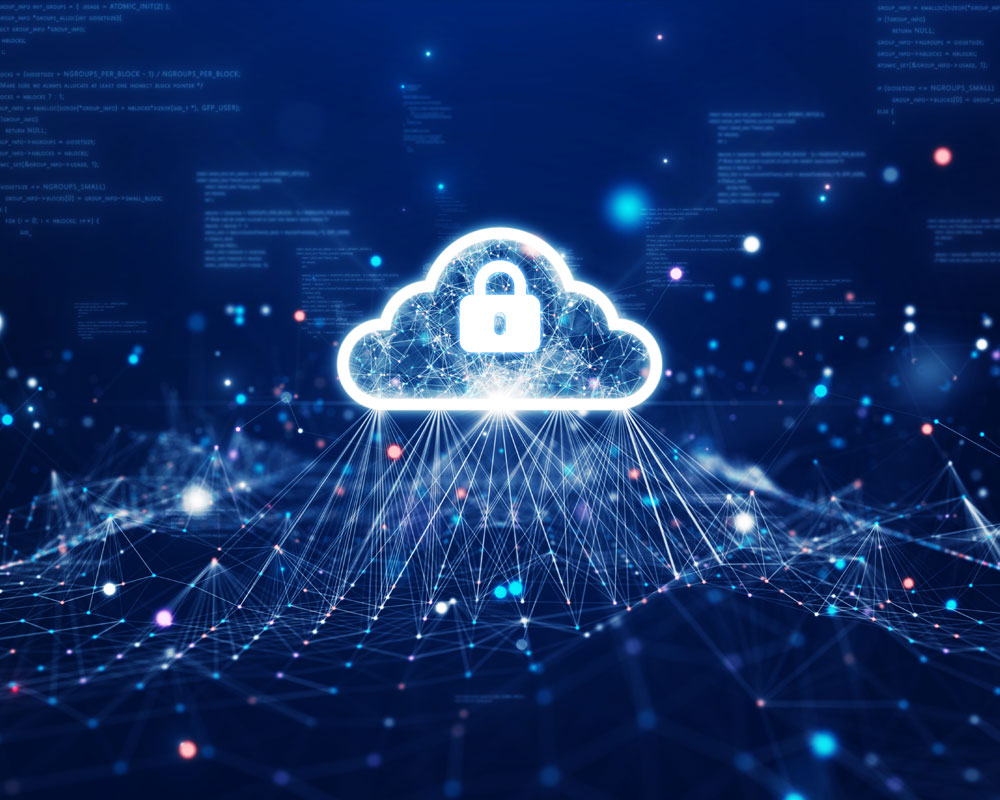 Glowing cloud icon with a padlock symbol representing secure cloud storage over a digital network grid with data points and code in blue tones.