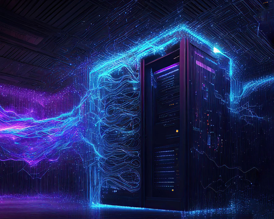 Server rack surrounded by glowing blue and purple digital energy streams in a dark room.