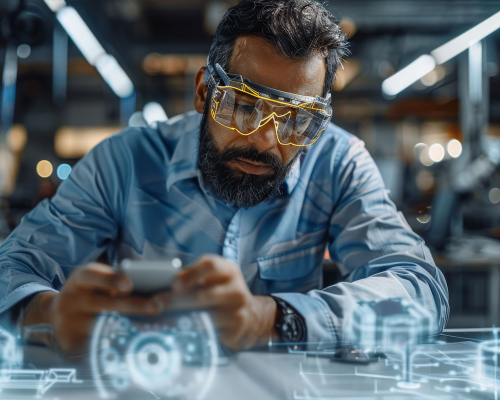 Man wearing augmented reality glasses interacting with a smartphone over a table displaying holographic technical schematics.