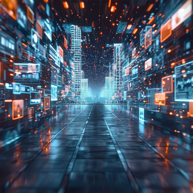 Futuristic digital cityscape with glowing skyscrapers and floating data panels along a reflective pathway.