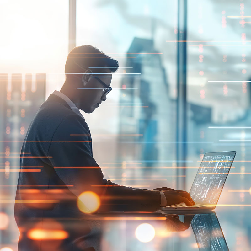 Man in suit working on a laptop with digital data overlays and cityscape background.