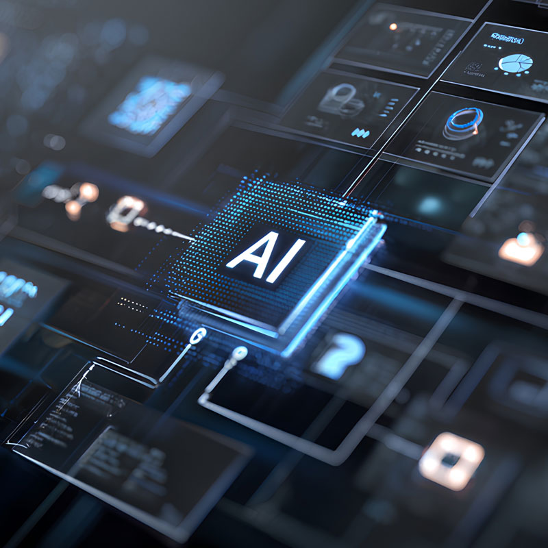 Digital circuit board with a glowing AI chip at the center surrounded by various technology and data icons.