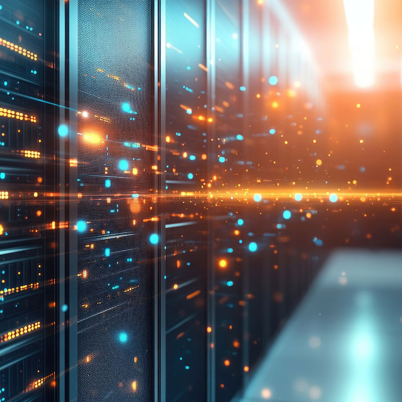Interior view of a modern data center with illuminated server racks and digital light effects.