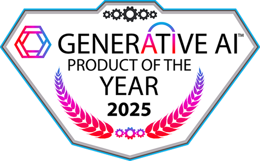 Badge reading 'Generative AI Product of the Year 2025' with colorful gear icons and laurel wreath design.