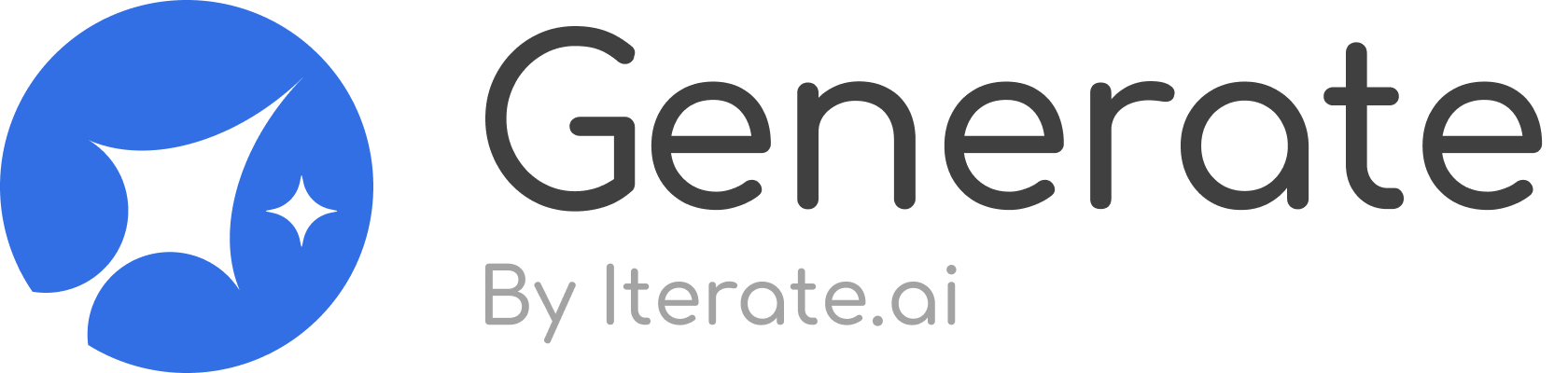 Generate logo with blue circular star-like symbol and text 'Generate By Iterate.ai'.