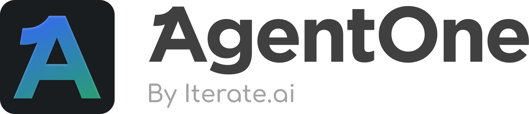 AgentOne logo with a gradient blue to green letter A icon and text 'AgentOne By Iterate.ai'.
