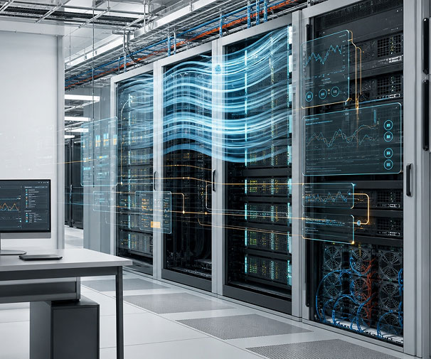 A server room with digital flowing data