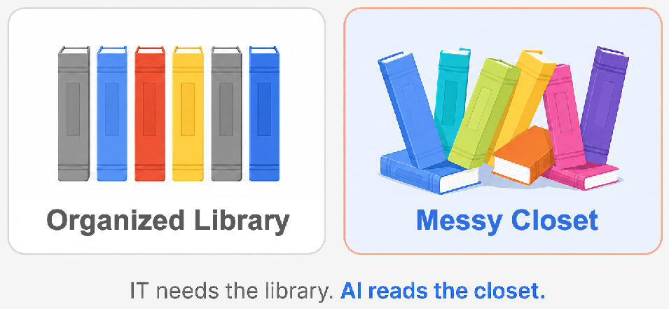 Two panels — THE LIBRARY with neat upright book spines and THE CLOSET with tumbled colorful books — captioned: IT needs the library. AI reads the closet.