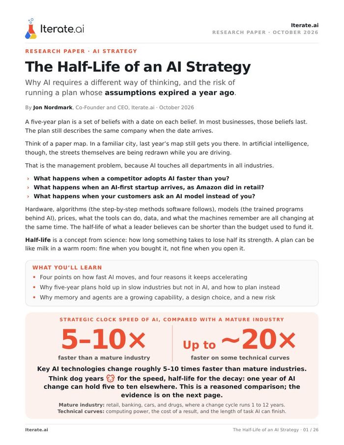 Page 1 of the paper: the title, Jon Nordmark's byline, a 'What you'll learn' box, and a callout saying AI changes 5 to 10 times faster than mature industries.