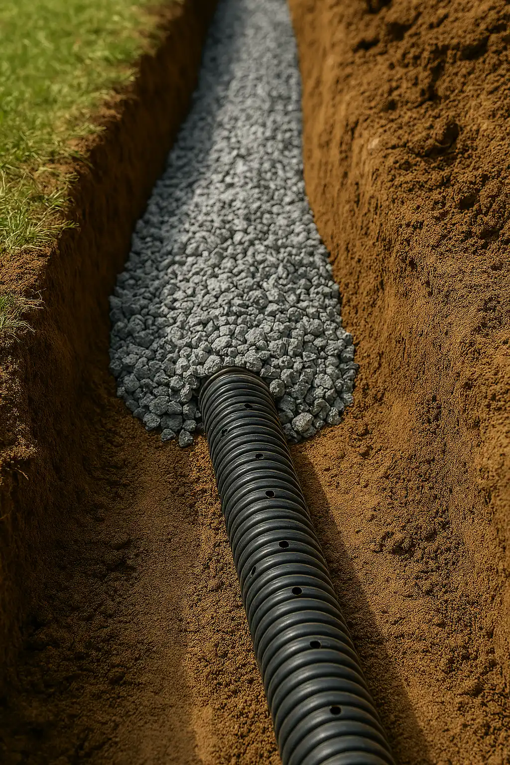 Installation d’un drain français avec tuyau perforé posé dans une tranchée remplie de gravier 