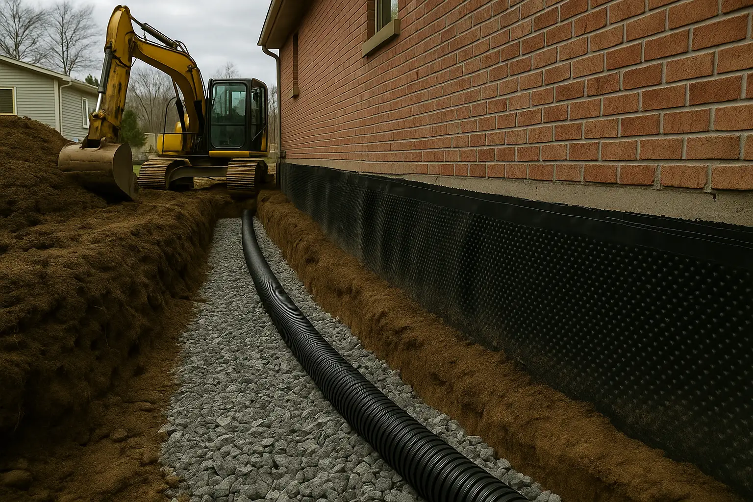 Installation d’un drain français autour d’une maison avec tranchée excavée, tuyau perforé et lit de gravier