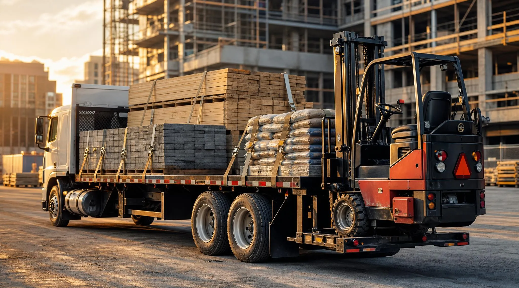 Flatbed truck with onboard Moffett forklift loaded with lumber, paving stones and cement bags at a Montreal construction site
