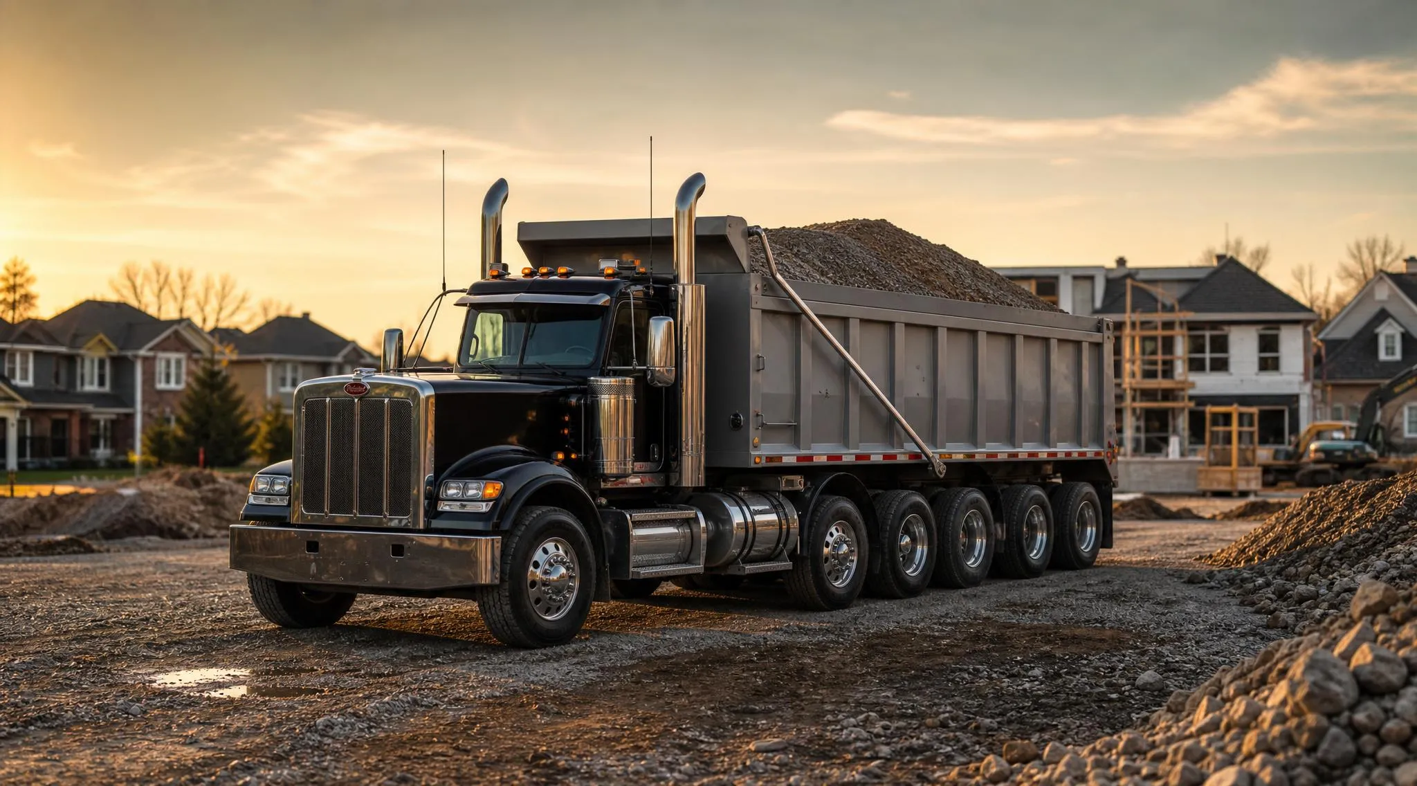 Camion dompeur chargé de gravier en vrac stationné sur un chantier résidentiel à Laval