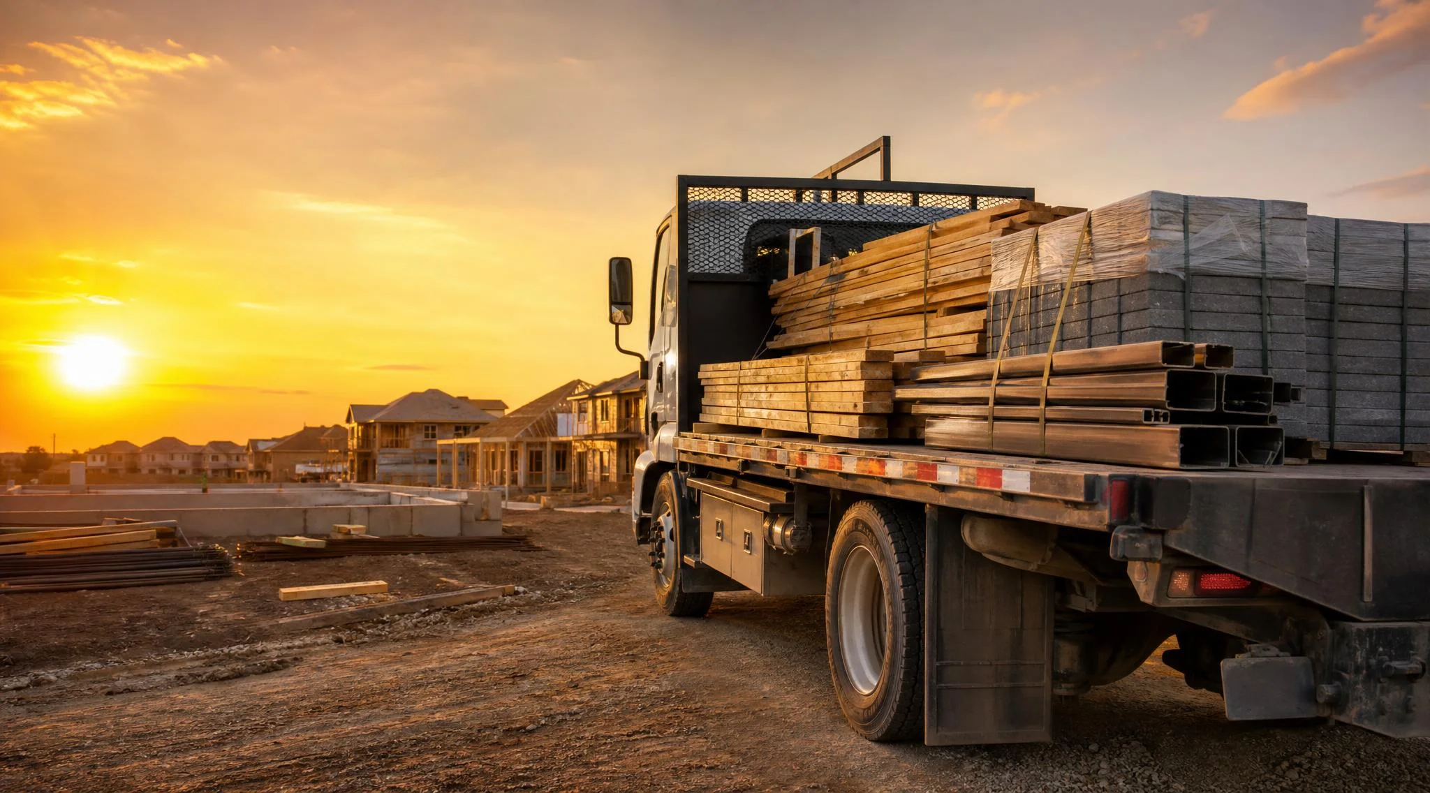 Camion de transport sur plateau chargé de bois, d'acier et de pavés, stationné sur un chantier de construction au coucher du soleil