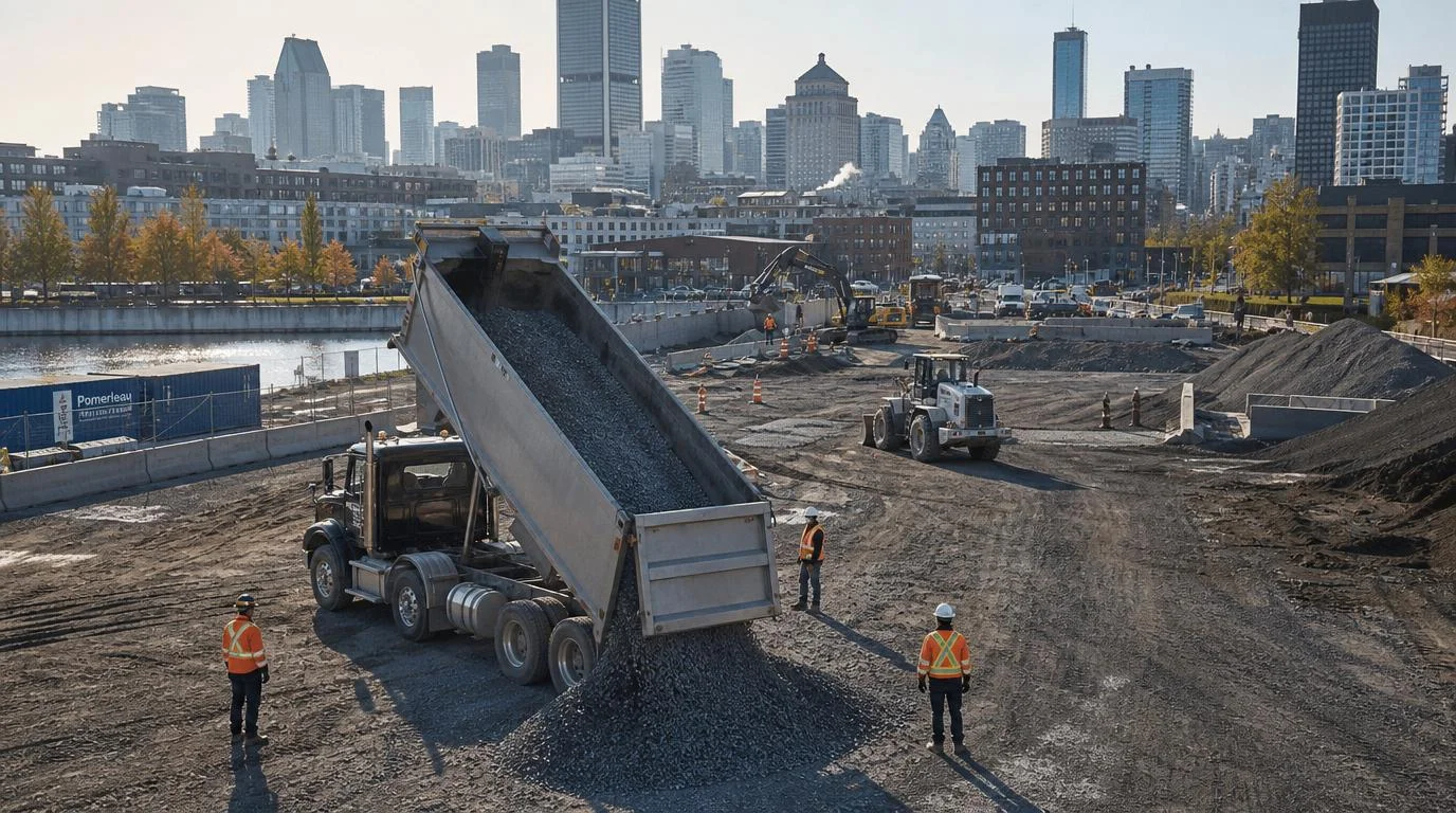 Dump truck unloading crushed aggregate on a construction site in Montreal