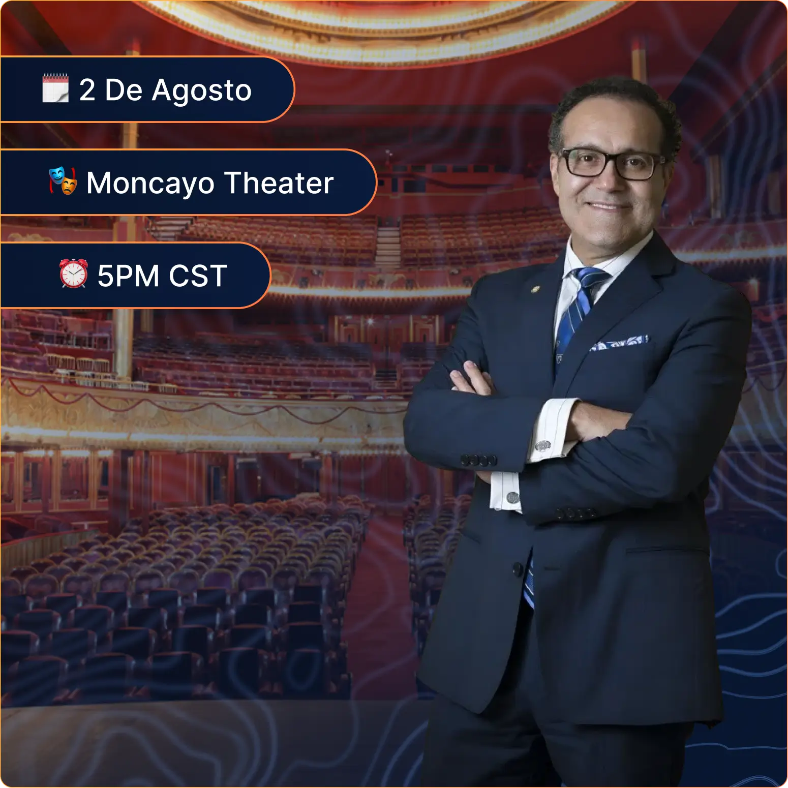 Promotional image for Mission:Brain featuring Dr. Q at his Guadalajara event. Details: August 2nd, Moncayo Theater, 5PM CST.
