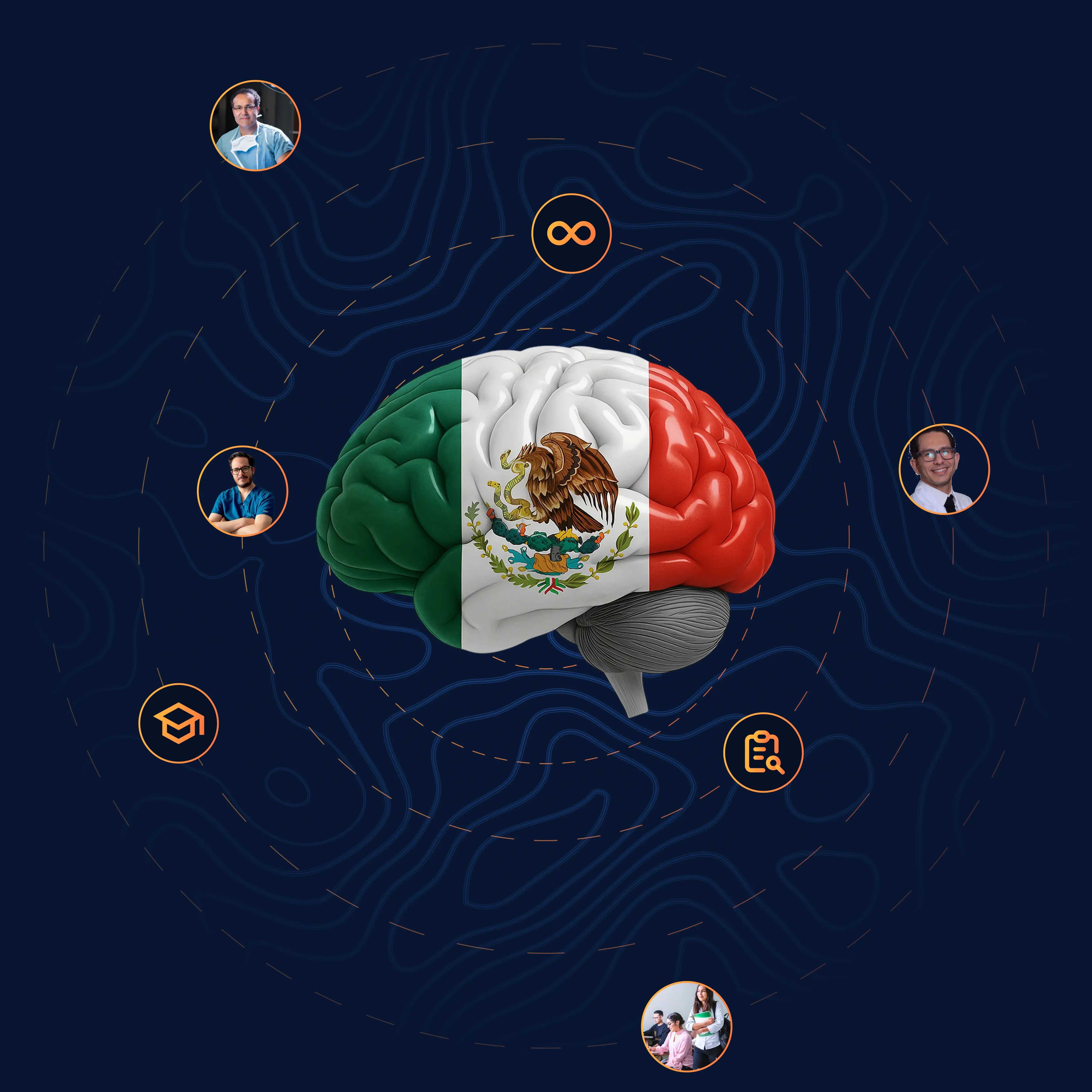 A Mexico-flag brain surrounded by Dr. Q, Dr. Santiago Núñez, and Dr. Victor Garcia, symbolizing Mission:Brain’s global collaboration in neurosurgery.