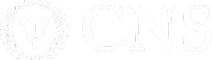 White CNS logo featuring a laurel wreath encircling a butterfly symbol, with the letters āCNSā to the right.