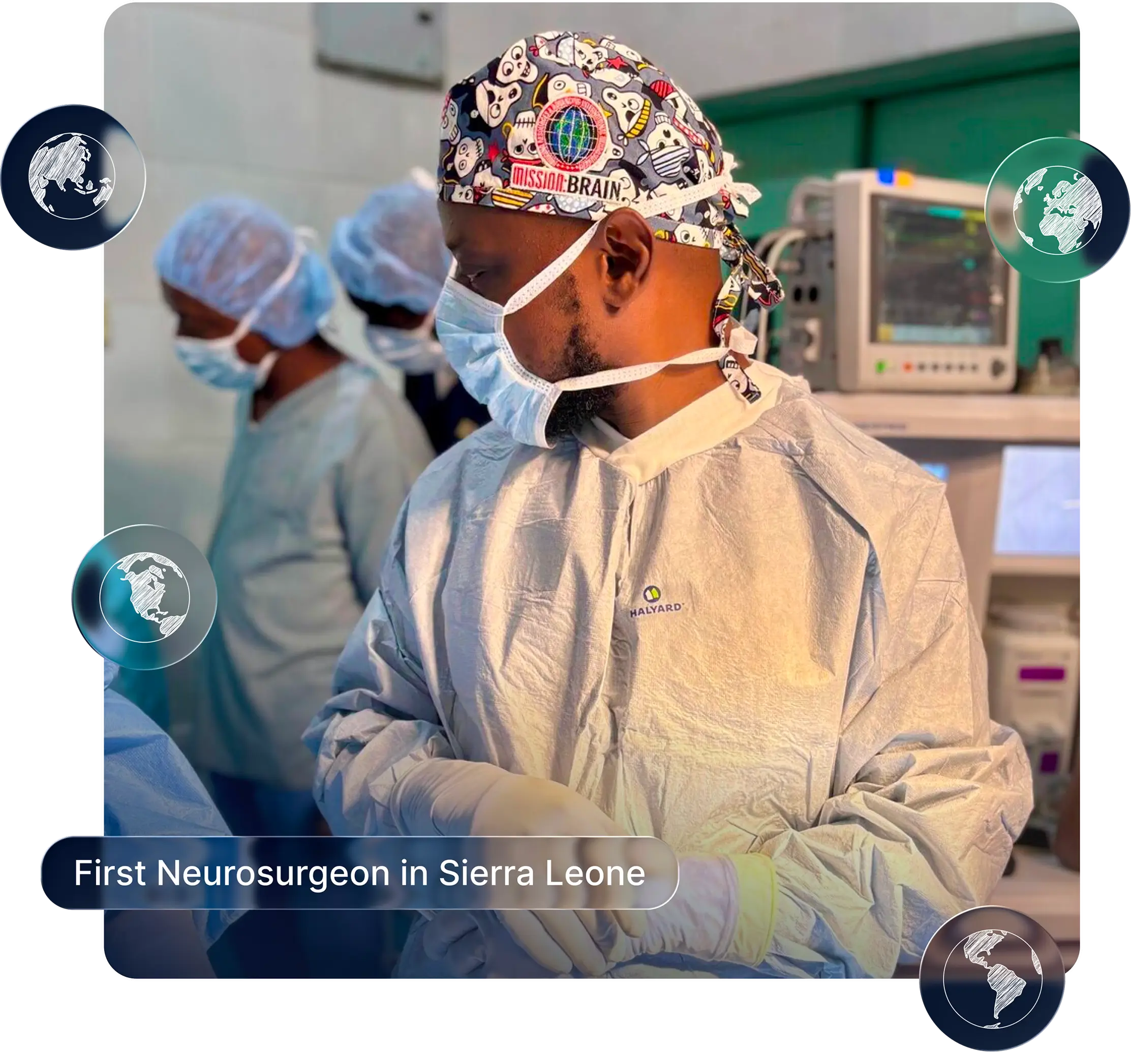 Dr. Alieu Kamara, the first neurosurgeon in Sierra Leone, wearing surgical scrubs and a Mission:Brain cap while preparing for surgery.