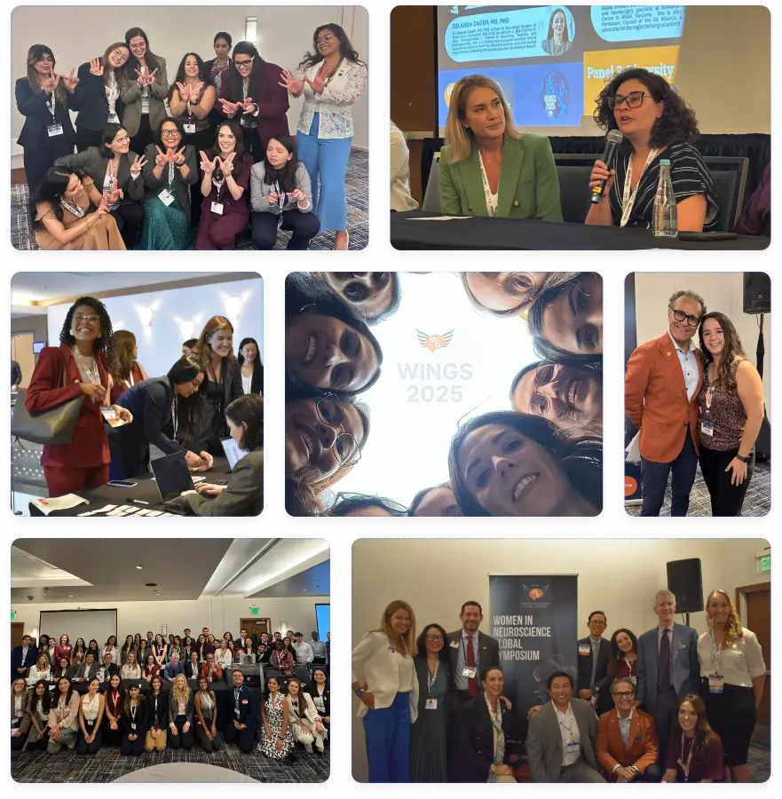 A collage of photos from the 2025 Women in Neuroscience Global Symposium (WINGS) at CNS, showing women and allies in neurosurgery gathered for panels, group discussions, and networking. Smiling participants form a circle under a WINGS 2025 logo, leaders speak on stage, and attendees connect throughout the eventācelebrating mentorship, collaboration, and global community.