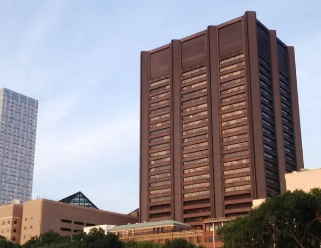 Tall brown hospital building against the sky