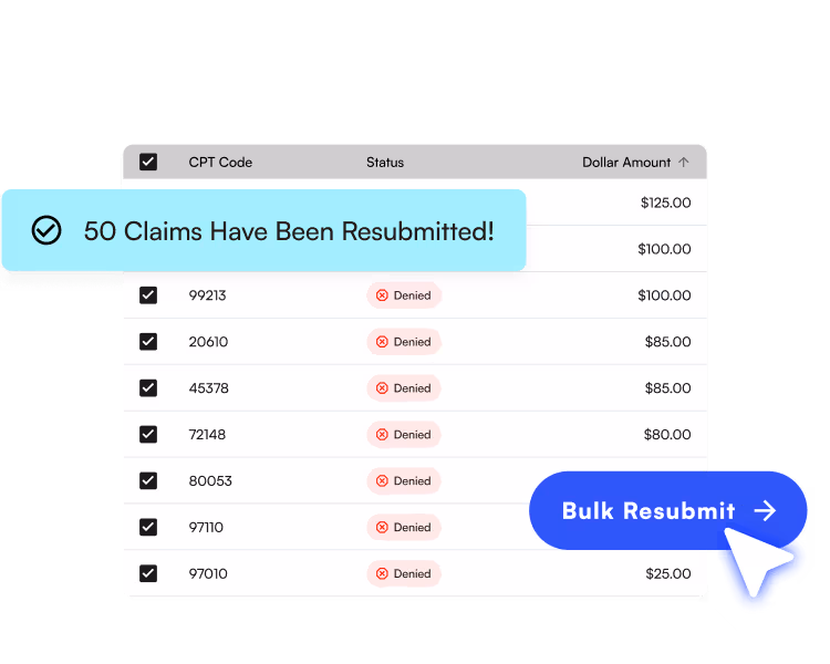 Interface showing denied claims with a “Bulk Resubmit” button and a notification that 50 claims were resubmitted.