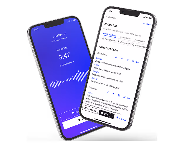 Two smartphones showing a medical recording interface and ICD-10/CPT codes screen