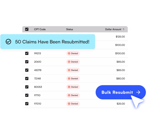 Interface showing denied claims with a “Bulk Resubmit” button and a notification that 50 claims were resubmitted.