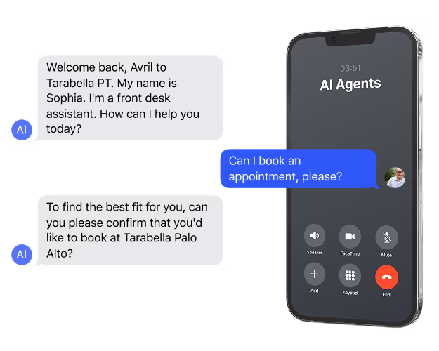AI assistant chat interface for booking an appointment shown next to a smartphone
