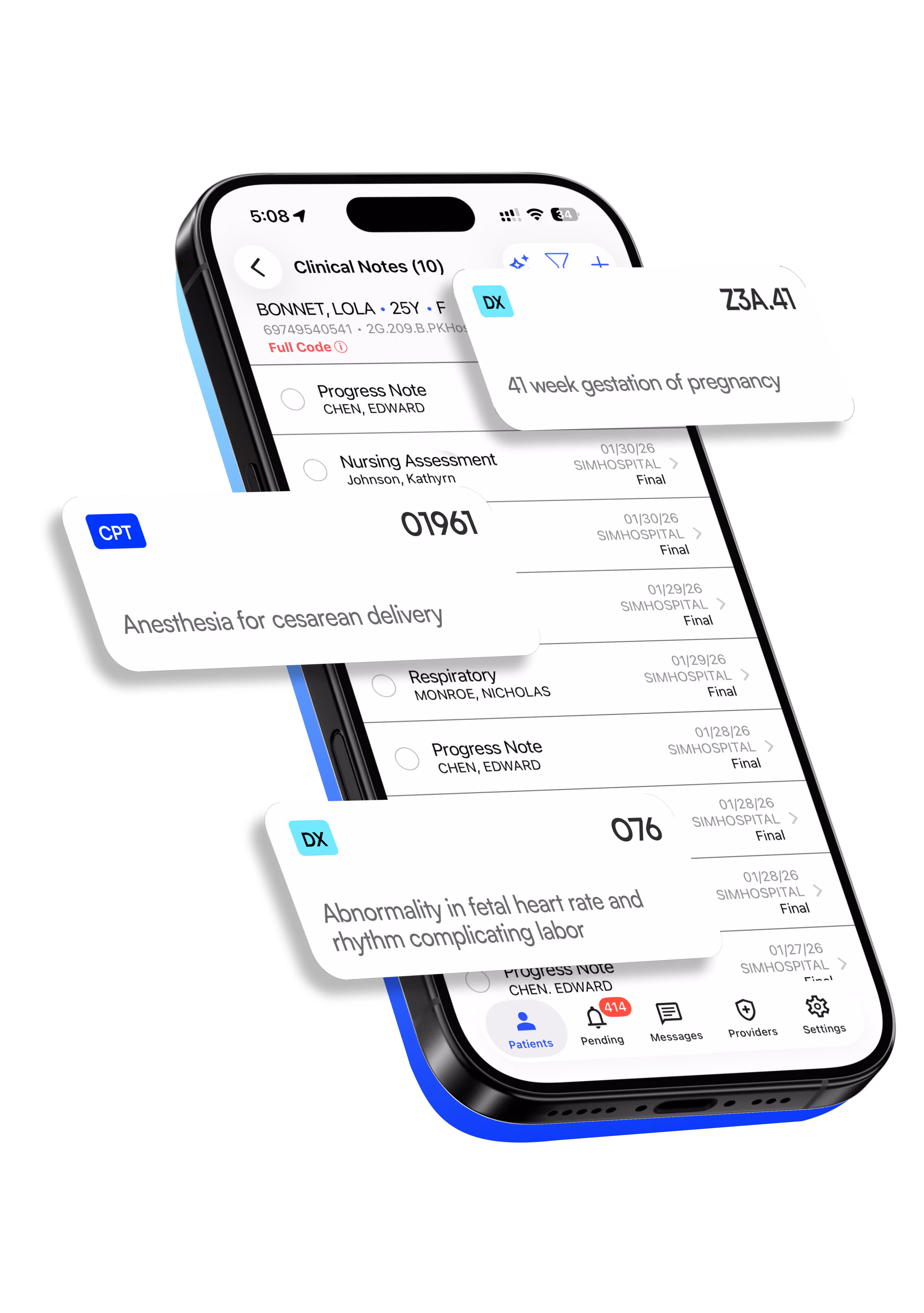 Medical app screen showing clinical notes with diagnosis and procedure codes