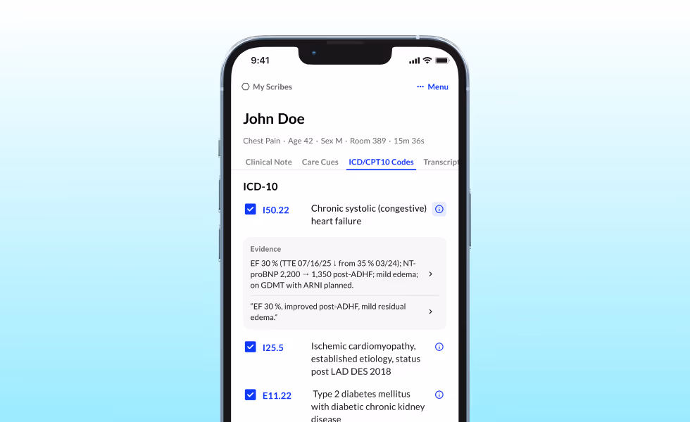 Phone screen displaying a medical app with a patient profile and diagnosis codes
